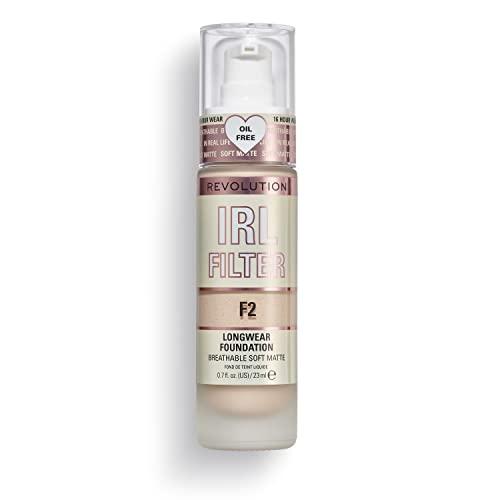 Makeup Revolution, IRL Filter, Fondotinta Longwear, Copertura da media a totale, Finitura opaca, Durata 16 ore, F2, Toni della pelle da chiari a medio chiari, 23ml