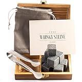 GOURMEO 9 Whisky Stones in pietra basalto naturale - Pietre Sostitutive del Ghiaccio per Whisky - Cubetti Ghiaccio di Pietra Refrigeranti + Scatola in Legno per Kit Regalo