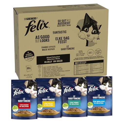 FELIX Le Ghiottonerie Cibo Umido per Gatti Adulti Mix in Gelatina con Manzo, Pollo, Merluzzo e Tonno 80 Buste da 85g