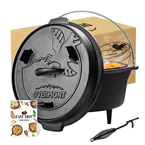OVERMONT Forno Olandese in Ghisa – Pre-Stagionato Casseruola in Ghisa – Dutch Oven con Sollevatore Coperchio – Pentola per BBQ Campeggio Cucina – 4.2L Ø 24CM