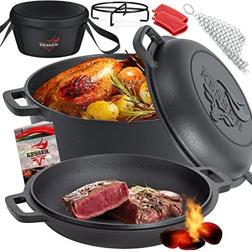 KESSER® Forno Olandese pentola in ghisa 2in1 da 4,8 l e padella da 1,8 l pronta per l’uso incl. Ricettario Casseruola Coperchio/padella a doppia funzione