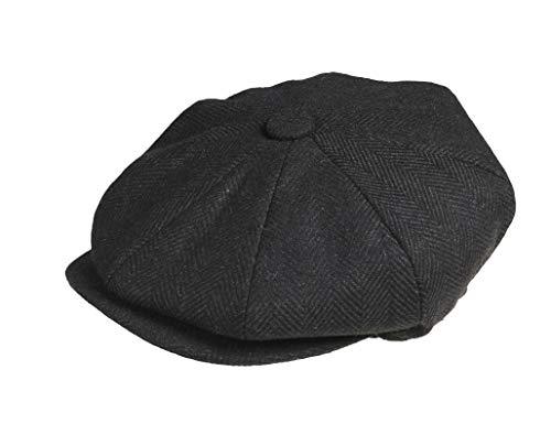 Peaky Blinders, Berretto Piatto a 8 Spicchi in Stile “Newsboy”, in Tweed di Lana Black Herringbone L