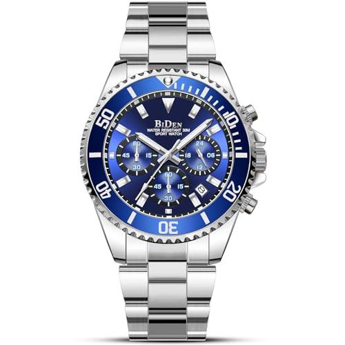 LN LENQIN Orologio Uomo Cronografo Orologio da uomo in acciaio inox Analogico al Quarzo Impermeabile Date Orologi Moda Business Sportivo orologio da polso (Silver Blue)