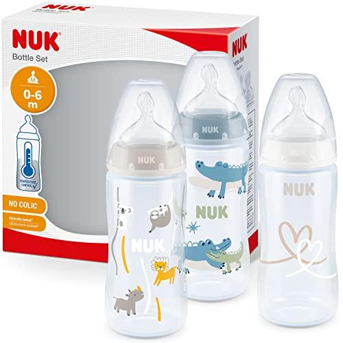 NUK First Choice+ set biberon | 0-6 mesi | Controllo temperatura | Sfiato Anti-Colica | Senza BPA | 300 ml | Tettarella in silicone | 3 pezzi | coccodrillo blu