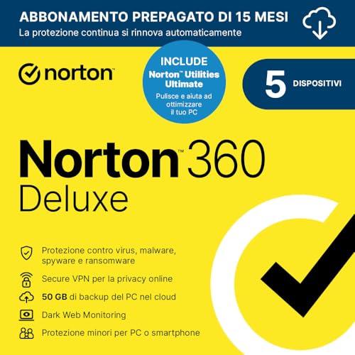 Norton 360 Deluxe 2025 + Utilities Ultimate | Antivirus 5 dispositivi | 50 GB backup | 15 mesi rinnovo automatico | 1 Utente | Codice d’attivazione via email
