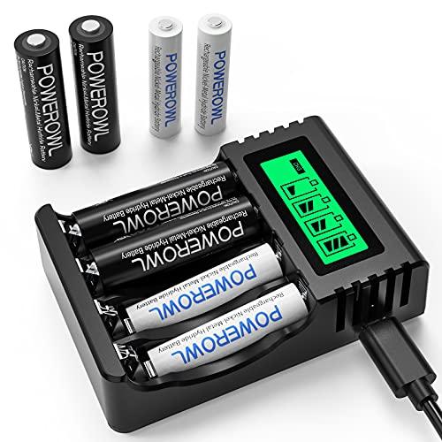 POWEROWL 4 Slot Caricabatterie Indipendente per AA AAA Ricaricabili Batteriei Ni-MH,Caricatore Ricarica Rapida USB +4 PCS AA Batterie 2800mAh+ 4 PCS AAA Batterie Ricaricabili 1000m