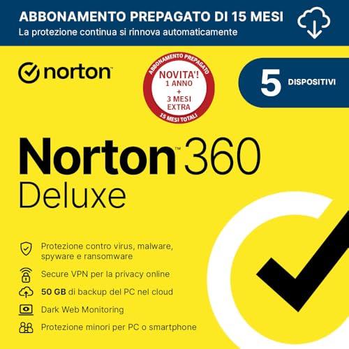 Norton 360 Deluxe 2025 | Antivirus 5 dispositivi | 15 mesi rinnovo automatico | Digital Download