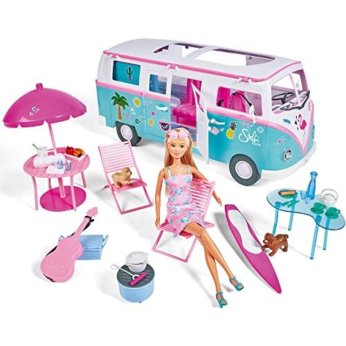 Simba – Steffi Love Playset Camper Hawaii, con Steffi e cagnolino, 50 accessori inclusi, 51 cm, con parti apribili