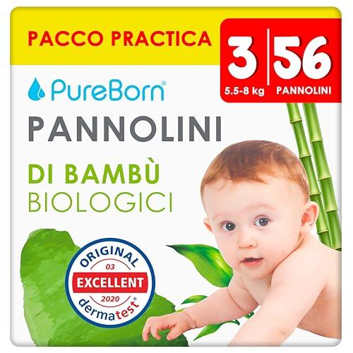 PureBorn 56 Pannolini Taglia 3 (5-8 kg), Ipoallergenico, Ultra assorbente